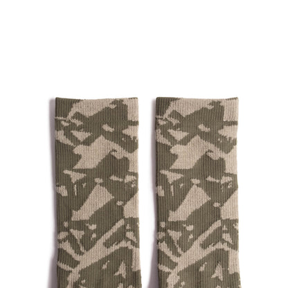 Top shot of Topo Designs Town Socks in "Oil Green Geo"