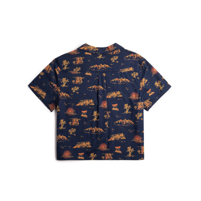 Back flat lay image on white background of Topo Designs Daytripper Short Sleeve Shirt - Women's in "Westbound Midnight"