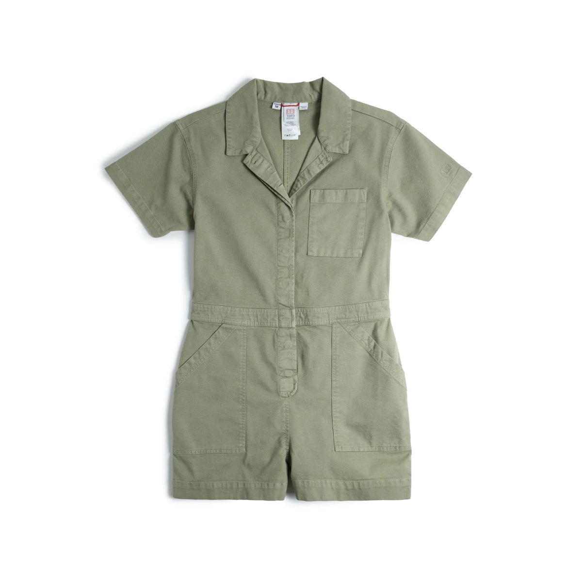 Front View of Topo Designs Dirt Romper - Women's in "Oil Green"