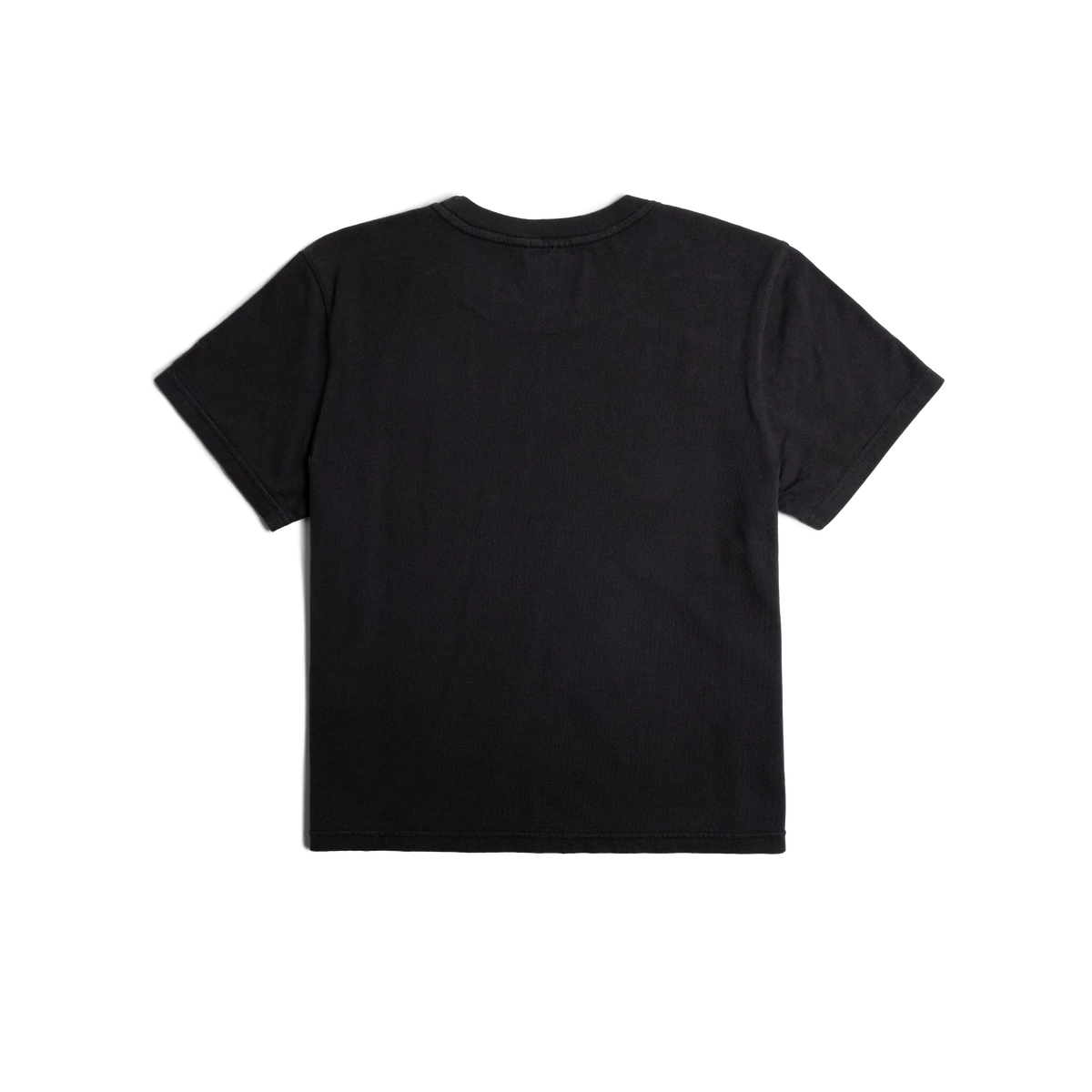 Back flat lay image on white background of Topo Designs Dirt Tee - Women's in "Black"