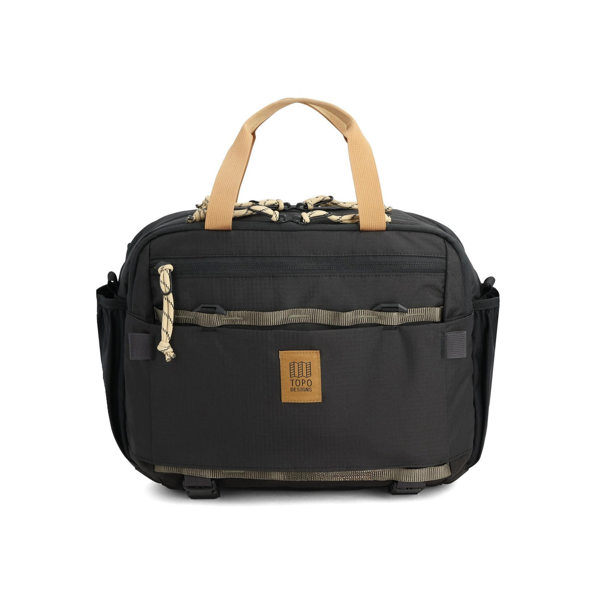 Front View of Topo Designs Mountain Cross Bag in "Black / Neutral"