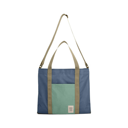 Front View of Topo Designs Mountain Essential Tote in "Stone Blue / Ash Green"