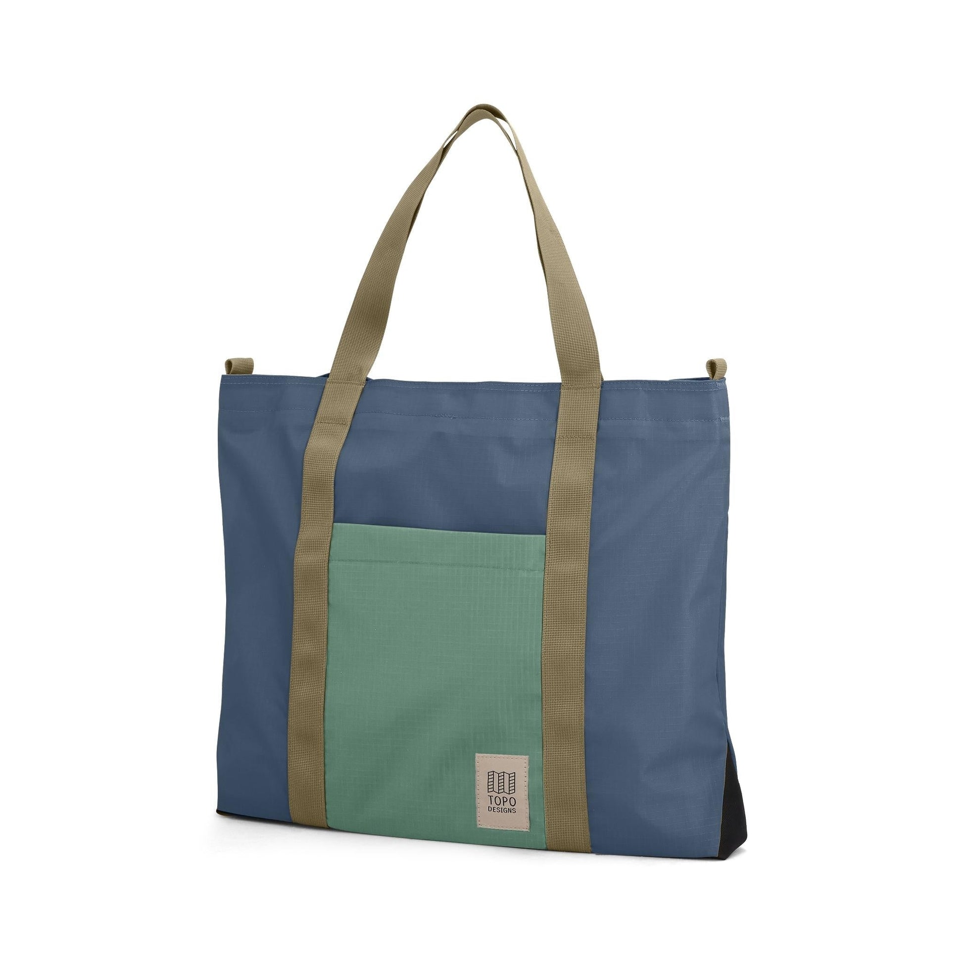 Front View of Topo Designs Mountain Essential Tote in "Stone Blue / Ash Green"
