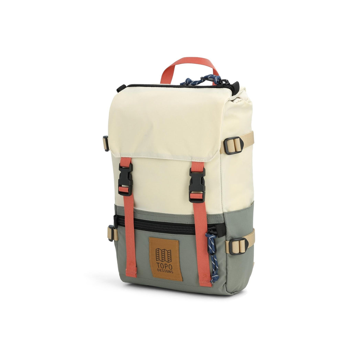 Front View of Topo Designs Rover Pack Mini in "Bone White / Beetle"